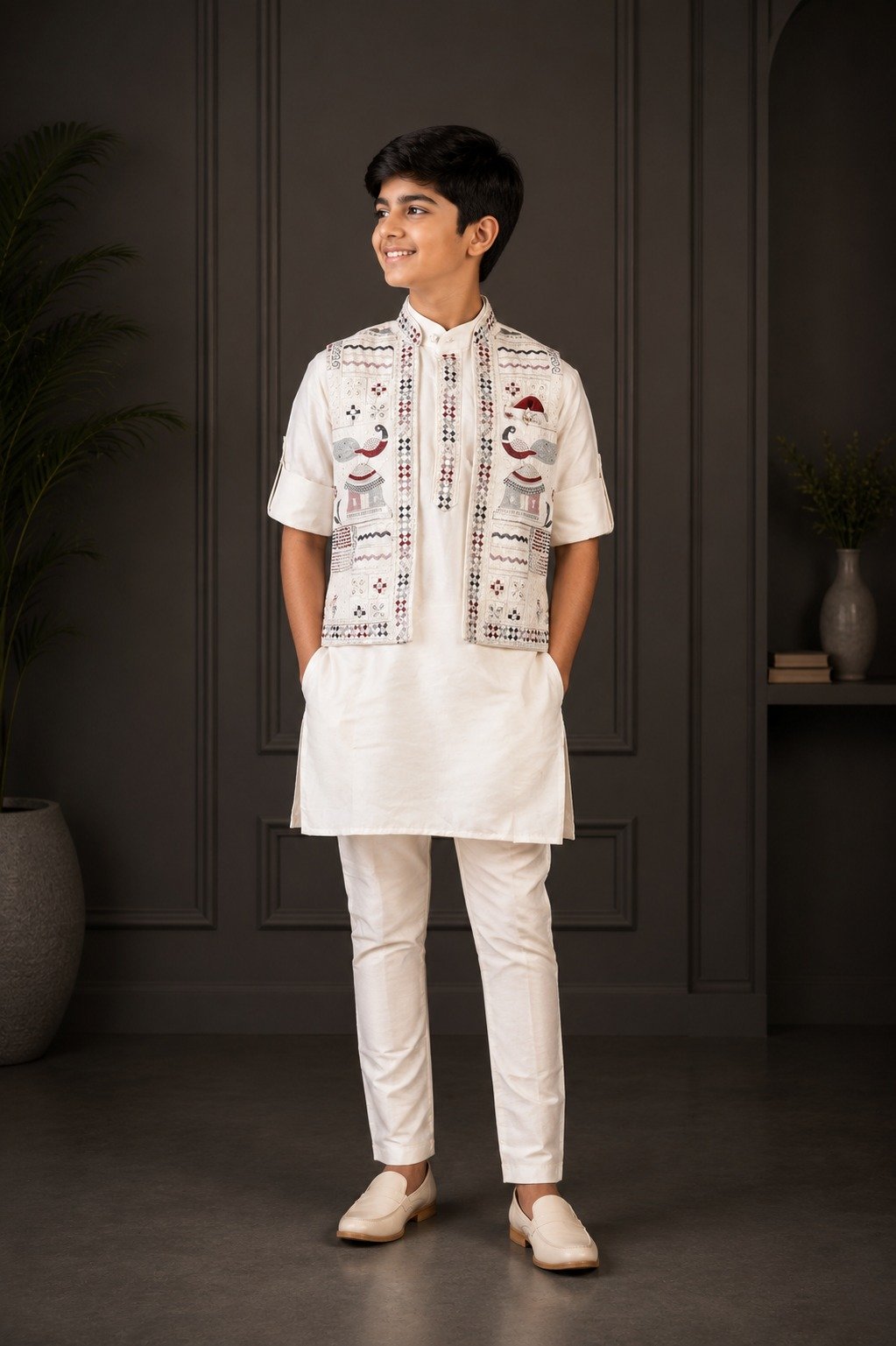 2677 Boys’ Ivory White Imported Fabric Designer Printed Kurta Koti Set with Matching Pants for Wedding and Festive Wear 2677-366-CRM