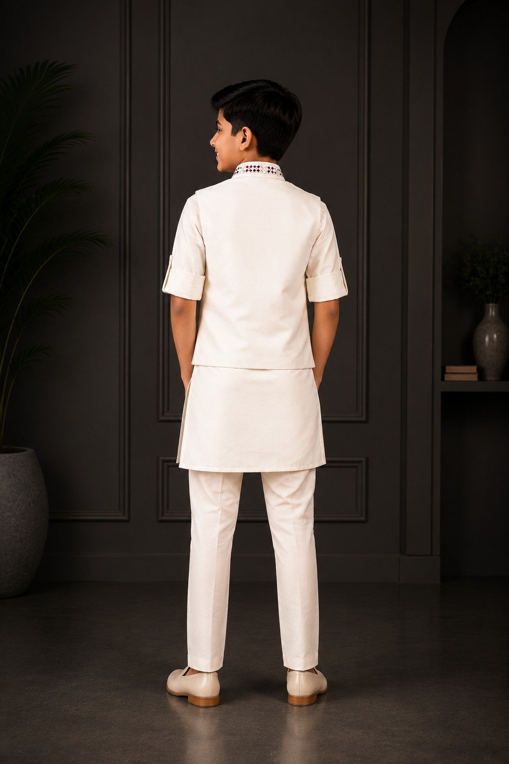 2677 Boys’ Ivory White Imported Fabric Designer Printed Kurta Koti Set with Matching Pants for Wedding and Festive Wear 2677-366-CRM - Image 4